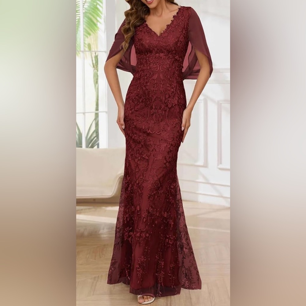 Radiant V-Neck embroidered cape Mermaid Floor Length in Burgundy Sz 18plus